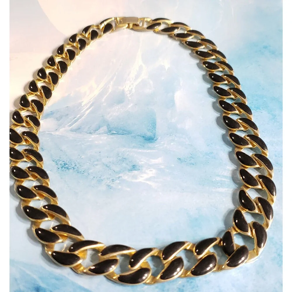 Vintage‎ Black Enamel Necklace Gold-tone, 17